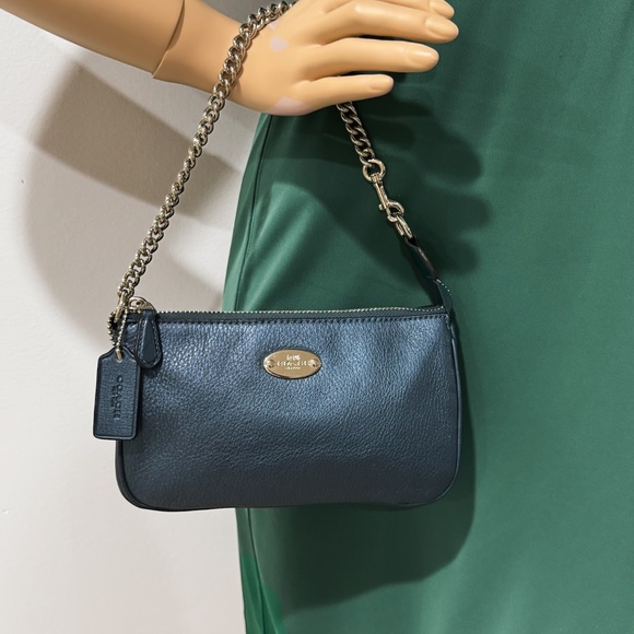 Coach F53340 Pebbled Leather Metallic Blue Large Wristlet/Convertible Mini Bag - Picture 2 of 11